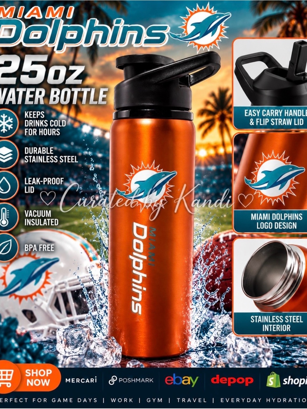 NFL Miami Dolphins Orange Insulated Water Bottle with Team Logo